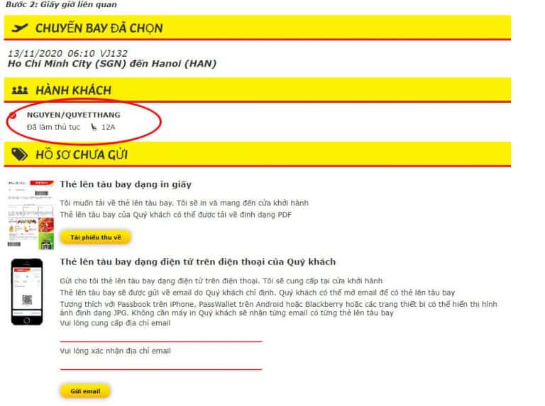 Check in online Vietjet Air - tải phiếu thu
