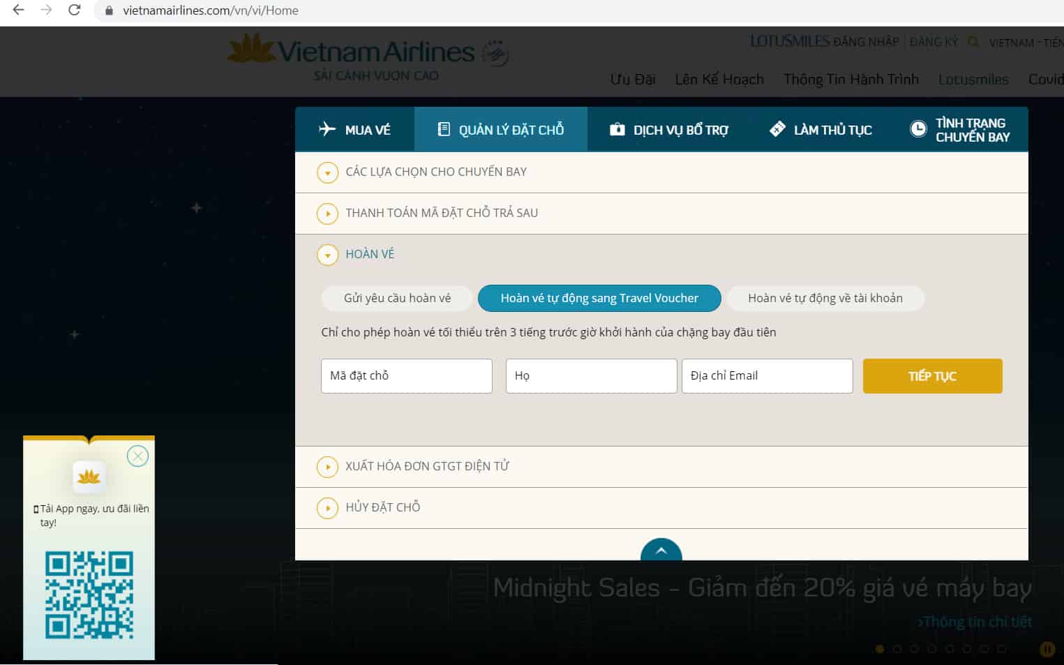 Hướng dẫn hoàn đổi vé Vietnam Airlines - Chọn quản lý đặt chỗ