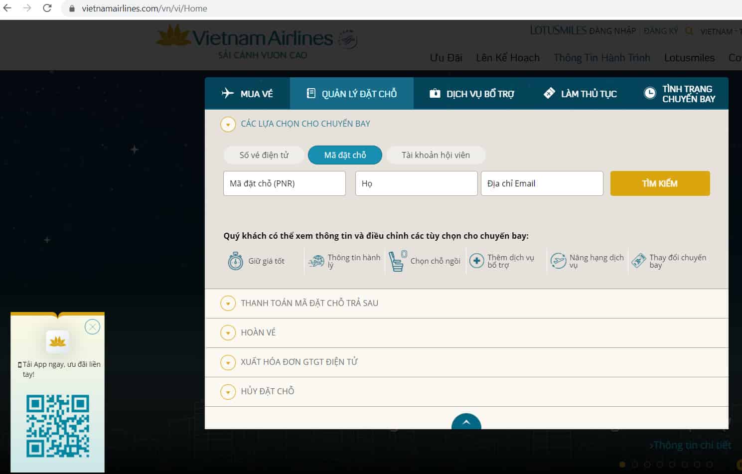Hướng dẫn hoàn đổi vé Vietnam Airlines tự động- Quản lý đặt chỗ