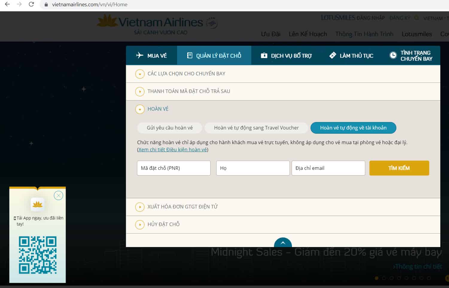 Hướng dẫn hoàn đổi vé Vietnam Airlines về tài khoản - Quản lý đặt chỗ 3