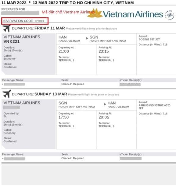 Kiểm tra mã đặt chỗ cho vé máy bay Vietnam Airlines