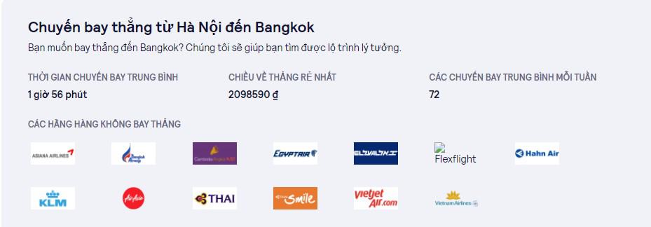 Thông tin chuyến bay thẳng từ Hà Nội đến Bangkok