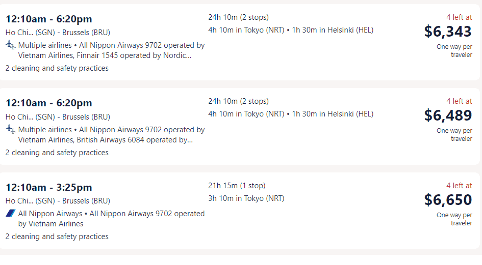 Giá vé máy bay hãng All Nippon Airlines đi Bỉ từ Hồ Chí Minh