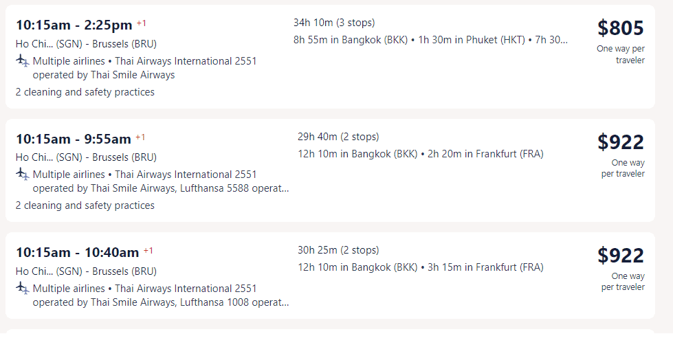 Giá vé máy bay hãng Thai Airways International đi Bỉ từ Hồ Chí Minh