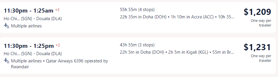 Giá vé máy bay của hãng Qatar Airways đi Cameroon từ Hồ Chí Minh