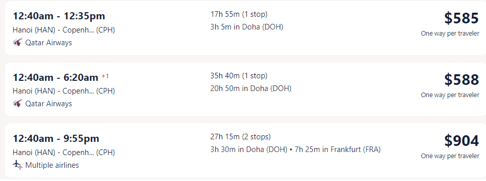 Giá vé máy bay của Qatar Airways đi Đan Mạch từ Hà Nội