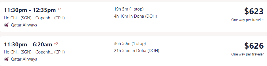 Giá vé máy bay của Qatar Airways đi Đan Mạch từ Hồ Chí Minh