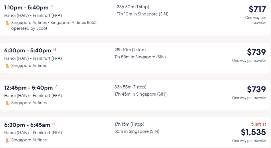 Giá vé máy bay hãng Singapore Airlines đi Frankfurt từ Hà Nội