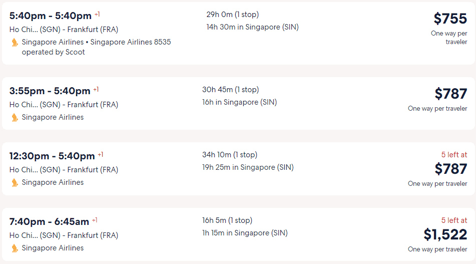 Giá vé máy bay hãng Singapore Airlines đi Frankfurt từ Hồ Chí Minh