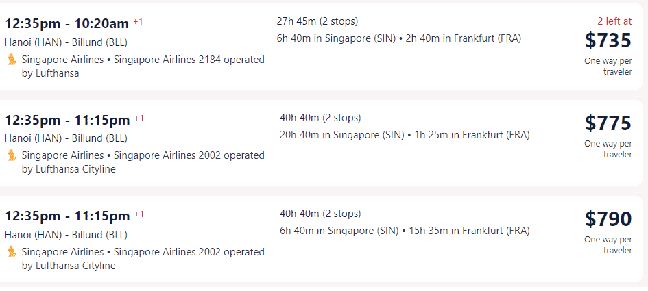 Giá vé máy bay hãng Singapore Airlines đi Đan Mạch từ Hà Nội