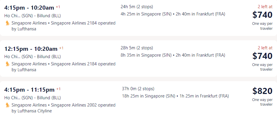 Giá vé máy bay hãng Singapore Airlines đi Đan Mạch từ Hồ Chí Minh