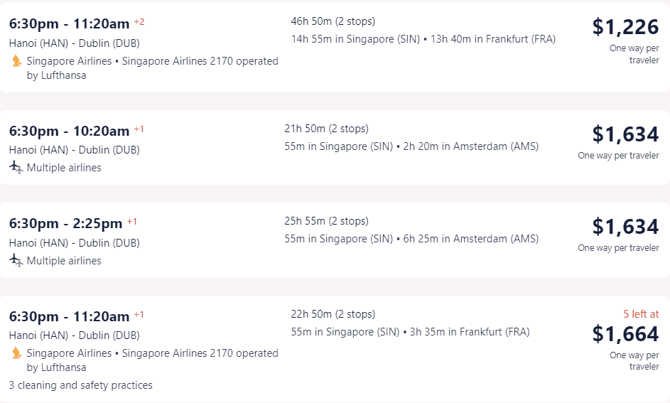 Giá vé máy bay hãng Singapore Airlines đi Ireland từ Hà Nội