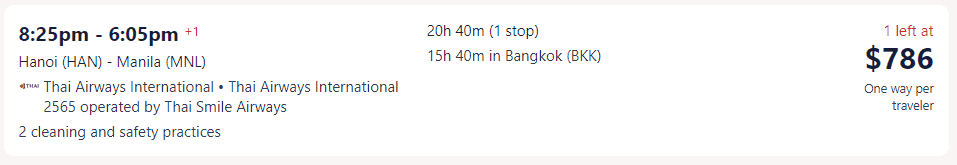 Giá vé máy bay hãng Thai Airways International đi Philippines từ Hà Nội