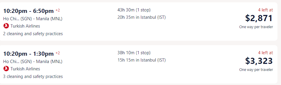 Giá vé máy bay của Turkish Airlines đi Philippines từ Hồ Chí Minh