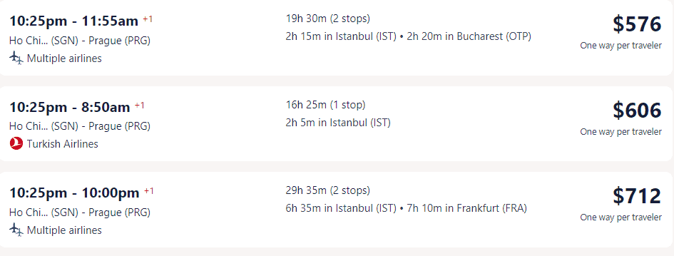 Giá vé máy bay hãng Turkish Airlines đi Cộng hòa Séc từ Hồ Chí Minh