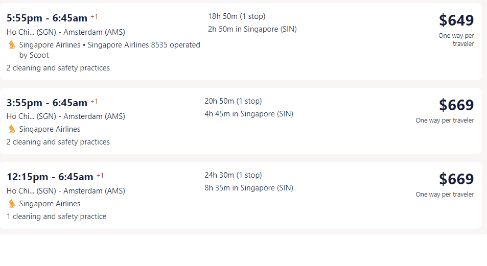 Giá vé máy bay hãng Singapore Airlines đi Hà Lan từ Hồ Chí Minh