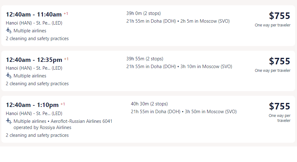 Giá vé máy bay hãng Aeroflot - Russian Airlines đi Nga từ Hà Nội