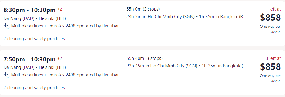 Giá vé máy bay của Emirates đi Phần Lan từ Đà Nẵng