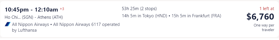 Giá vé máy bay hãng All Nippon Airways đi Hy Lạp từ Hồ Chí Minh