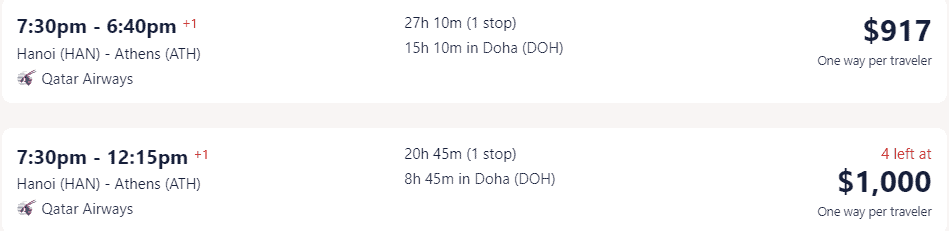 Giá vé máy bay hãng Qatar Airways đi Hy Lạp từ Hà Nội