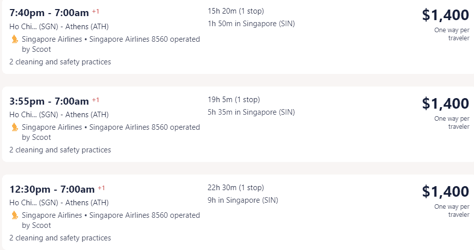 Giá vé máy bay hãng Singapore Airlines đi Hy Lạp từ Hồ Chí Minh