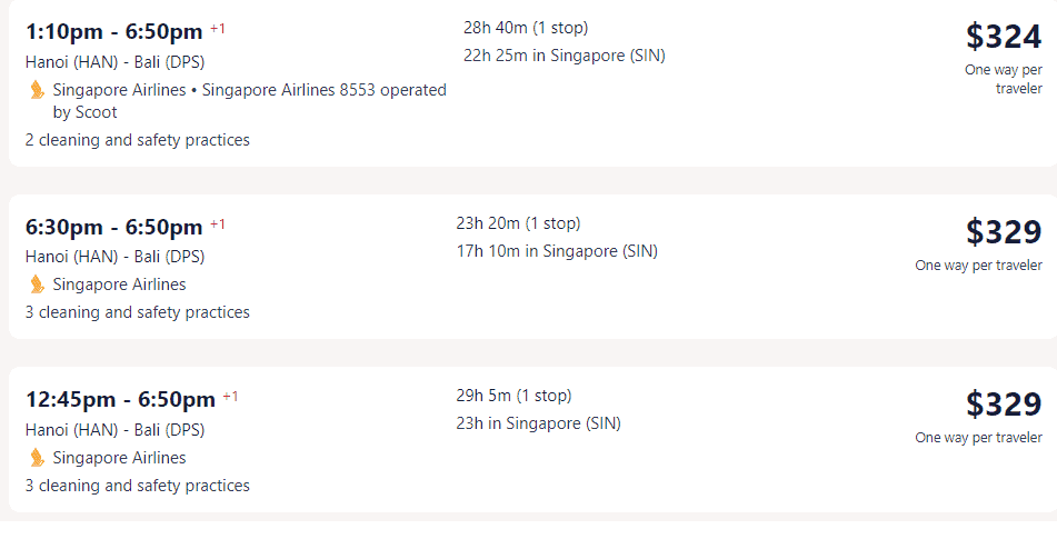 Giá vé máy bay hãng Singapore Airlines đi Indonesia - Bali từ Hà Nội