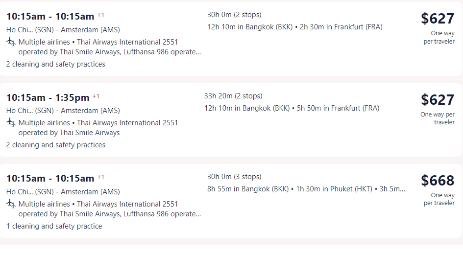 Giá vé máy bay hãng Thai Airways International đi Hà Lan từ TP Hồ Chí Minh