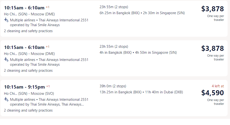 Giá vé máy bay hãng Thai Airways International đi Nga từ Hồ Chí Minh