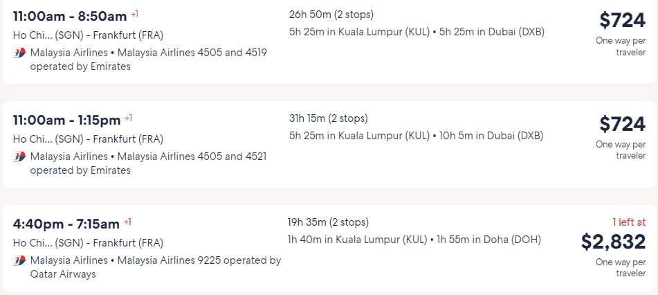 Giá vé máy bay hãng Malaysia Airlines đi Frankfurt từ Hồ Chí Minh