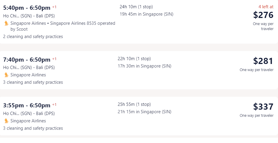 Giá vé máy bay singapore airlines đi Indonesia bali từ Hồ Chí Minh