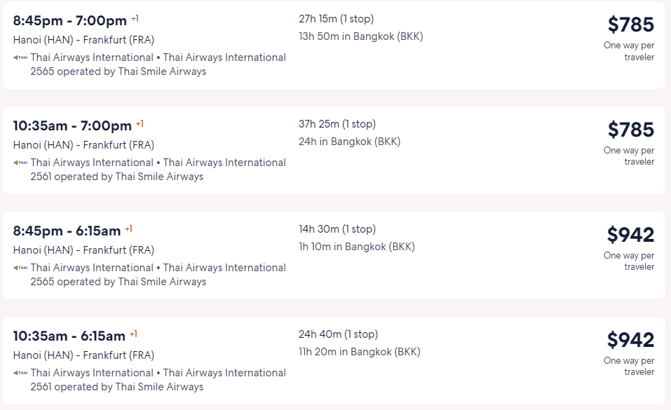 Giá vé máy bay hãng Thai Airways International đi Frankfurt từ Hà Nội