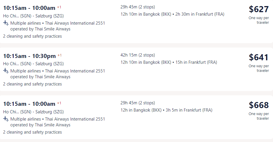 Giá vé máy bay hãng Thai Airways International đi Áo - Salzburg từ Hồ Chí Minh