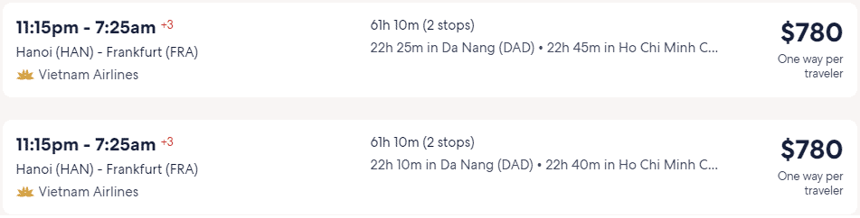 Giá vé máy bay của Vietnam Airlines đi Frankfurt từ Hà Nội