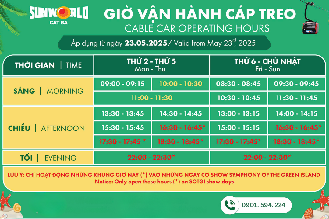 Lịch trình vận hành cáp treo tại Sun World Cát Bà mới nhất
