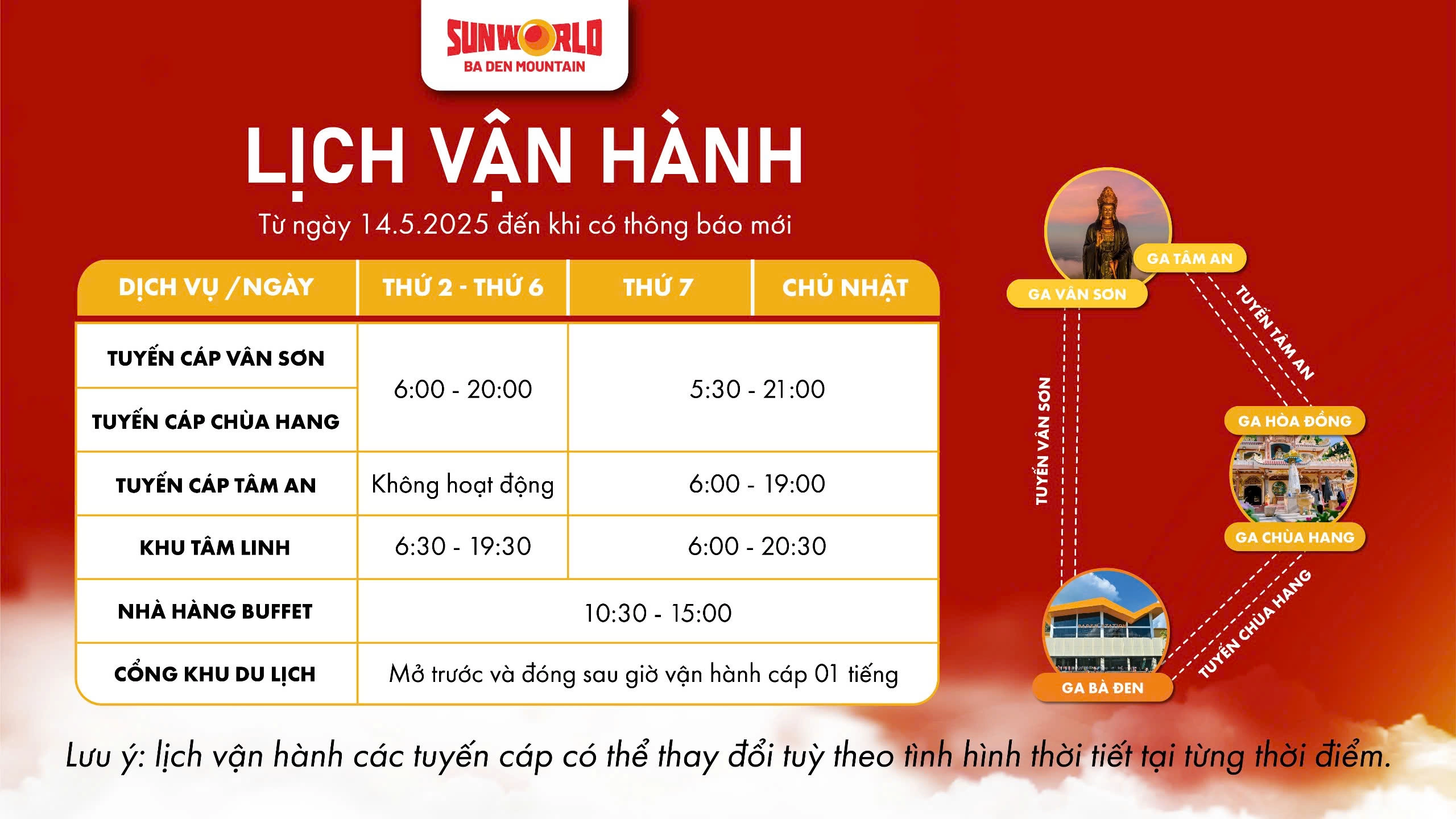Lịch vận hành cáp treo núi Bà Đen Tây Ninh mới nhất