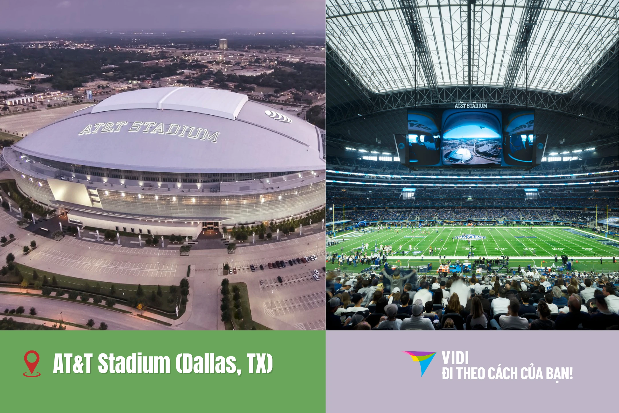 AT&T Stadium — một trong những sân hoành tráng nhất nước Mỹ với màn hình nội bộ khổng lồ.