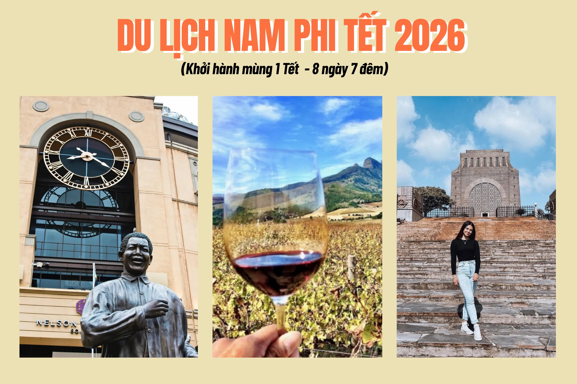Tour Nam Phi Tết Nguyên đán 2026: Capetown - Thị trấn rượu vang Stellenbosch - Johannesburg - Pretoria - Safari Game (8 ngày, 7 đêm)